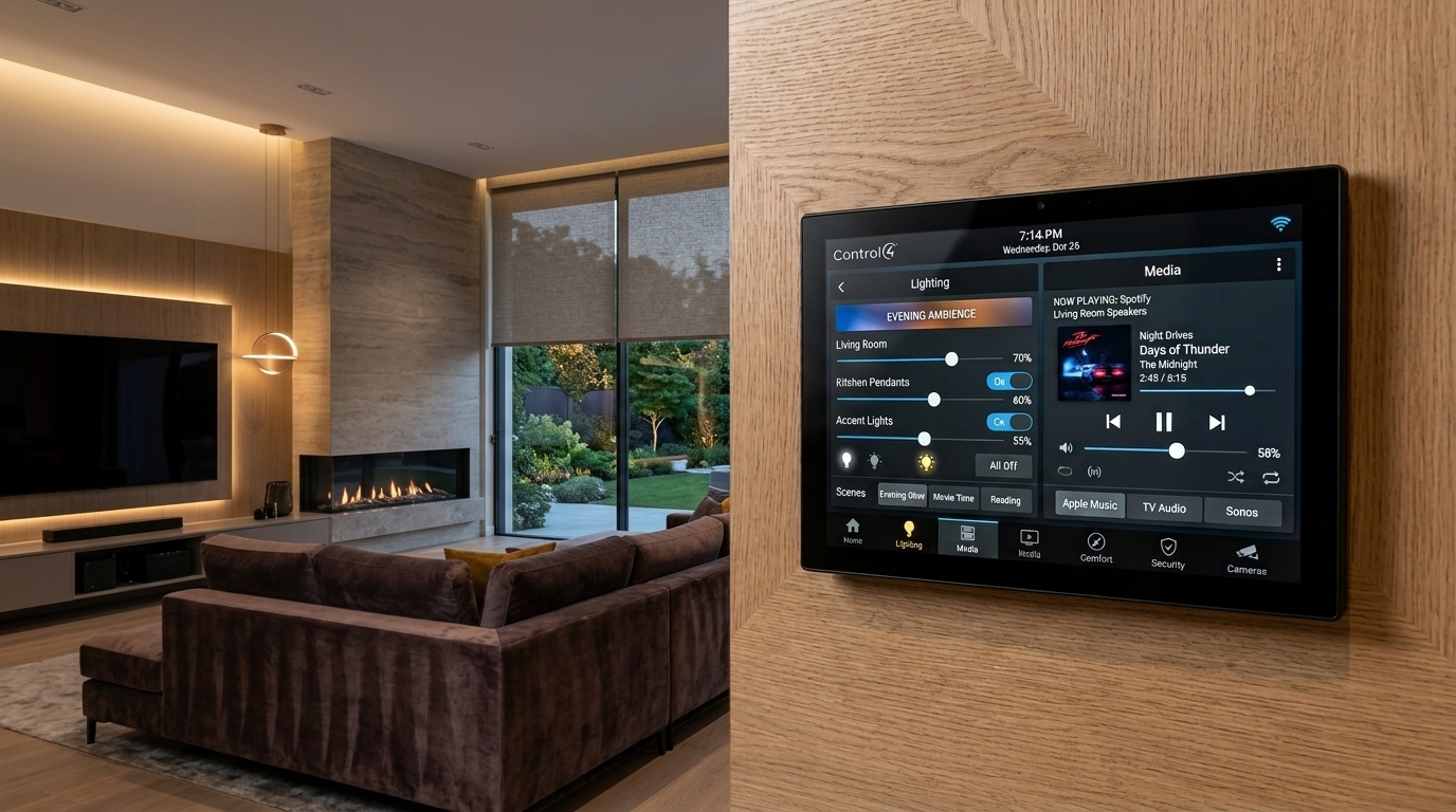 Wall-mounted smart control touchscreen managing lighting and media